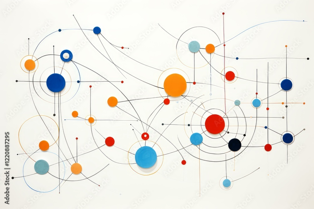 Fototapete Intricate network visualized with colorful dots and lines, symbolizing connections, data flow, or complex systems