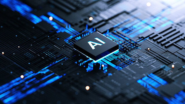 AI chip on a circuit board. Symbolizes technological advancement and artificial intelligence integration. 3d rendering, conceptual image.