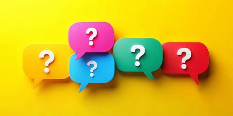 Bright Yellow Background with Five Question Mark Speech Bubbles - FAQ Concept Stock Photo