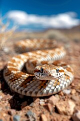 Obraz premium Hognose Snake Burrowing: A hognose snake with its upturned snout burrowing into sandy rocky soil. Reptile. Wildlife. Snakes.