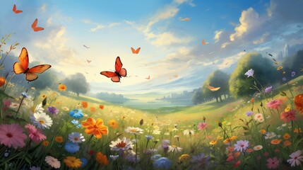 Obraz premium A peaceful spring meadow with birds and butterflies fluttering around.