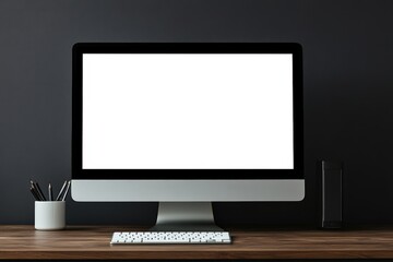 Fototapeta premium A computer featuring a bright white screen is placed on a wooden desk