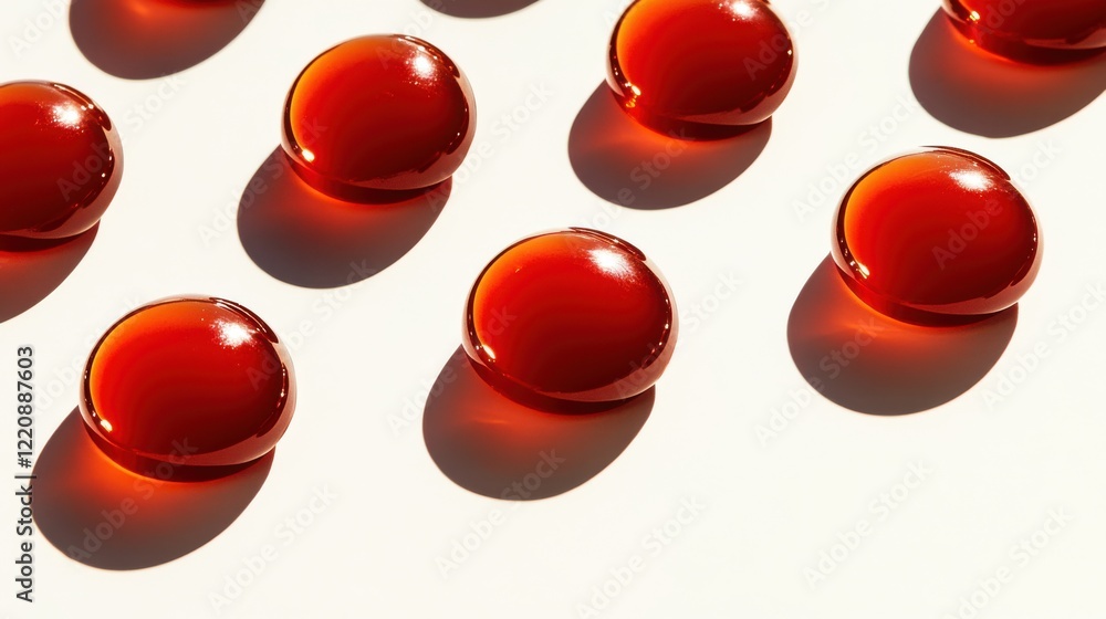 Aufkleber close-up of glossy red capsules arranged in a pattern on a light surface with soft shadows