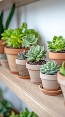 Fototapeta premium Succulent plants arranged neatly on wooden shelf in bright indoor space showcasing various types and sizes at midday