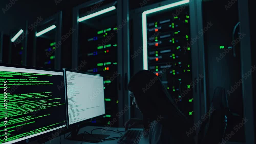 Poster expert hacker working diligently in a dimly lit data center surrounded by servers