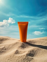 Bright orange sunscreen tube standing upright on soft sandy beach with clear blue sky and fluffy clouds in the background during daytime