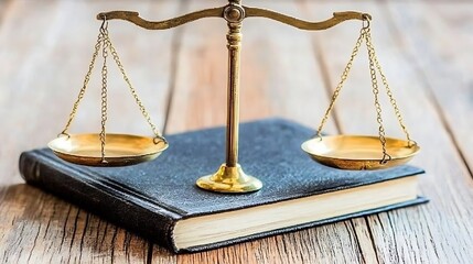 Scales on book on wood for fair law legal practice