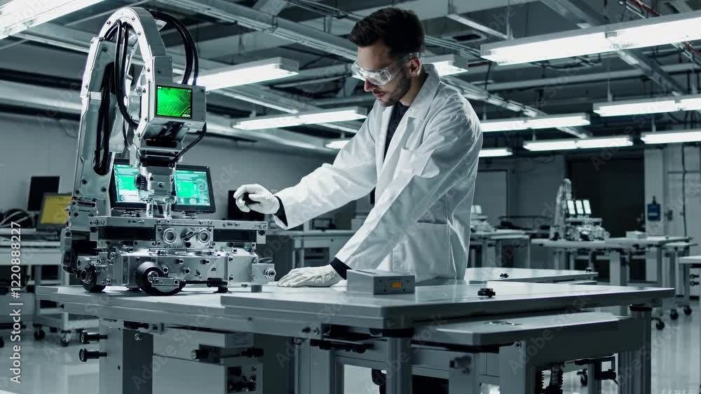 Poster technician working on robotics equipment in a modern facility during daytime hours