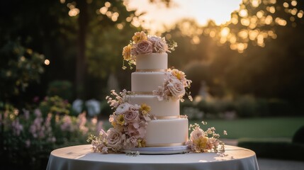 Elegant three-tiered wedding cake adorned with fresh flowers at sunset in a garden setting