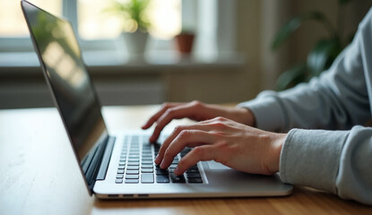 Close up of a business man working on a laptop, typing with his hands for work in office environment home office