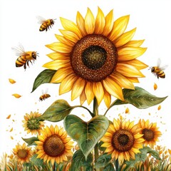 Fototapeta premium Vibrant Sunflower Field with Bees in Bright Yellow and Green Landscape During Warm Daylight