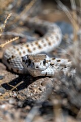 Fototapeta premium Hognose Snake Burrowing: A hognose snake with its upturned snout burrowing into sandy rocky soil. Reptile. Wildlife. Snakes.