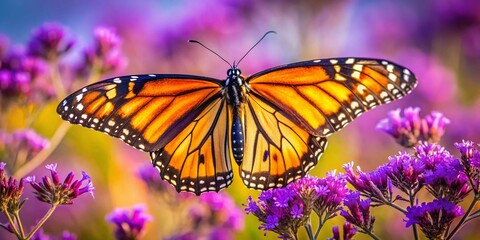 Obraz premium Monarch Butterfly Taking Flight from Purple Wildflower - Panoramic Closeup
