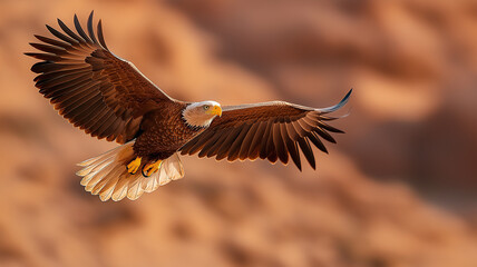 Obraz premium Majestic bald eagle soaring gracefully against warm, blurred background. Its powerful wings spread wide, showcasing stunning feathers in flight