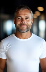 Fototapeta premium Smiling man posing confidently in modern indoor setting with soft lighting during daytime