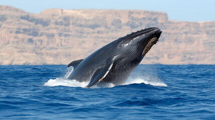 Fototapeta premium Majestic blue whale breaching in clear ocean waters, showcasing its immense size and grace against stunning backdrop. breathtaking moment in nature