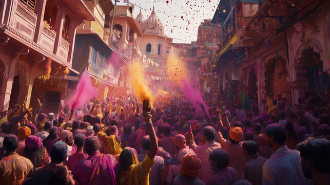 Holi festival in India with crowds of people throwing colorful powder at each other in the air, traditional clothes mixed with bright colors, ai generated images