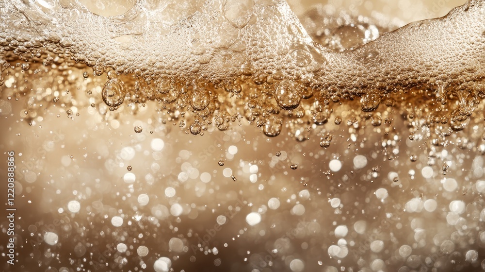 Aufkleber bubbles are bursting on the surface of a golden liquid, illustrating the dynamic interaction and ene
