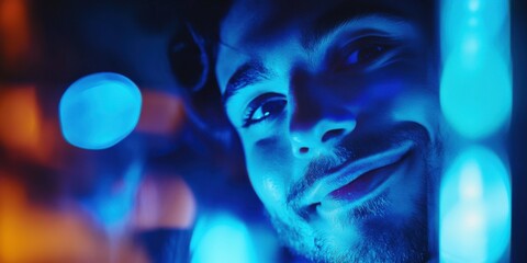 Brightly lit nightlife scene featuring a young man smiling amidst colorful lights in a vibrant urban setting at nightfall