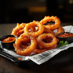 Crispy onion rings served with dipping sauces on a dark wooden table during evening dining