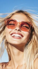 Bright sunny day with a smiling woman enjoying the warm weather while wearing stylish sunglasses and embracing the moment outdoors