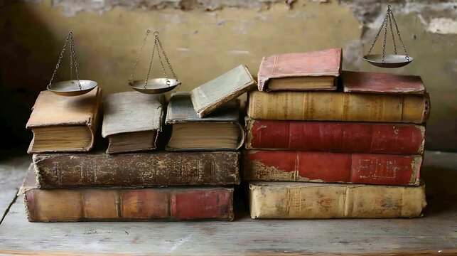 Scales on old books, balance, justice, old background use