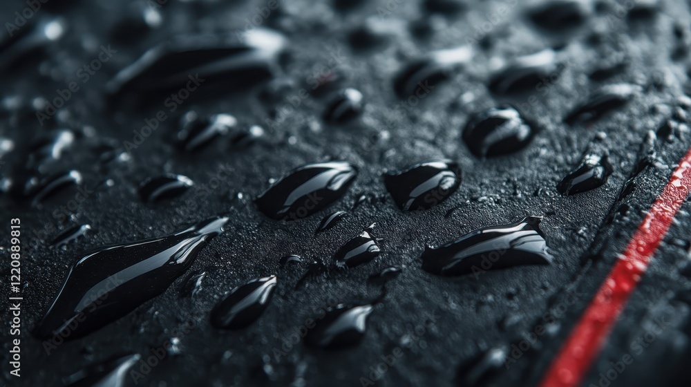 Poster an artistic view of water droplets resting on a dark surface with red stripes, creating a striking c