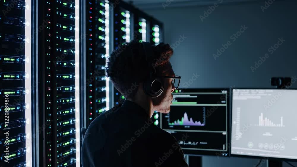 Poster monitoring server performance in a dark data center with a technician analyzing system metrics