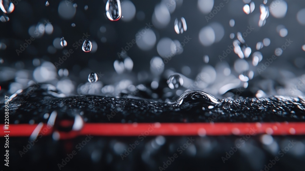 Poster captivating raindrops cascade onto a dark surface, with a bright red line creating a mesmerizing vis