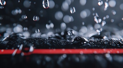 Captivating raindrops cascade onto a dark surface, with a bright red line creating a mesmerizing visual contrast and an evocative atmosphere of serenity.