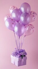 Elegant purple balloon arrangement in a gift box with floral accents for celebrations and special occasions