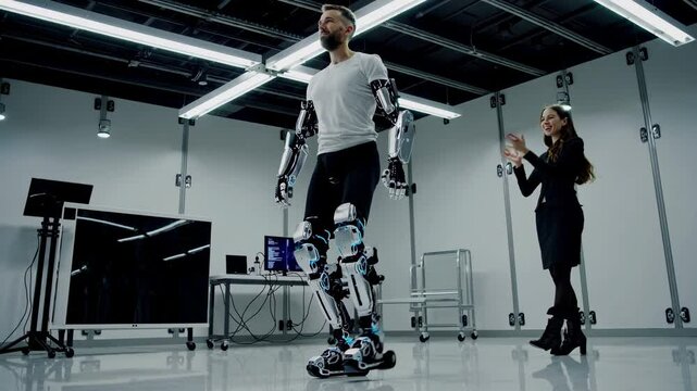 Robotic exoskeleton demonstration highlighting advanced technology in human enhancement at innovation center