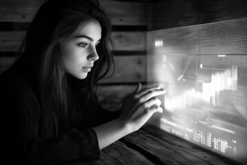 A young woman interacts with a futuristic transparent screen displaying data visualizations.