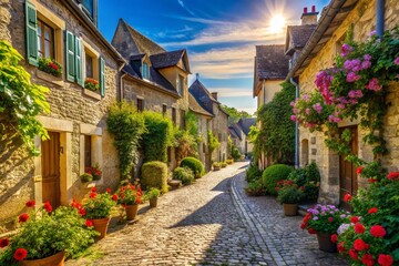 Fototapeta premium Charming French Countryside Street: Sunlit Village Lane, Cobblestone Road, Rural France