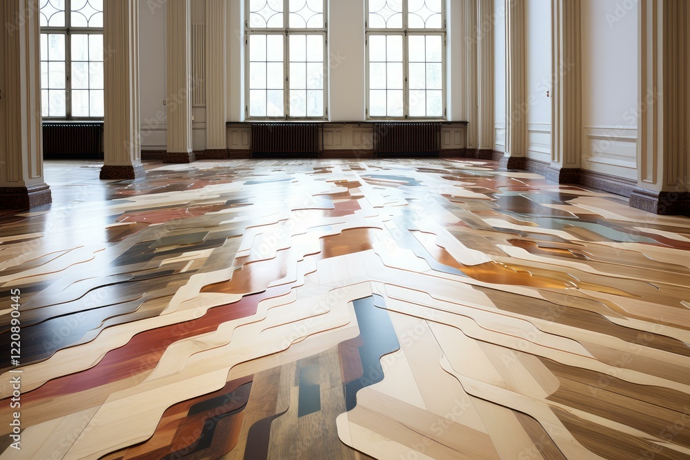Poster multicolored wooden floor creating a wave pattern in an empty room with large windows