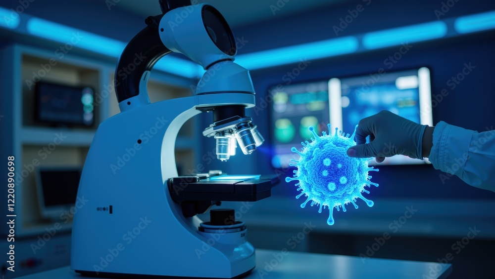 Poster modern lab setup with microscope and biotech research elements
