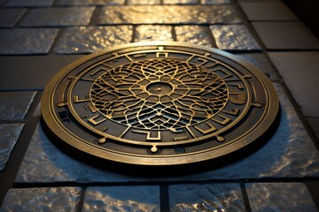 Close up of an ornate brass cover, reminiscent of a clock face, embedded in a stone tile floor, illuminated by soft lighting