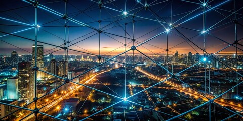 Mysterious Cityscape at Night: Power Lines and City Lights