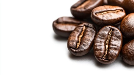 Obraz premium A stunning close-up of coffee beans on a pristine white background, highlighting their rich texture and deep color, perfect for coffee enthusiasts and gourmet themes.