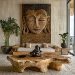 Serene Sanctuary: Buddha Sculpture and Organic Living Space