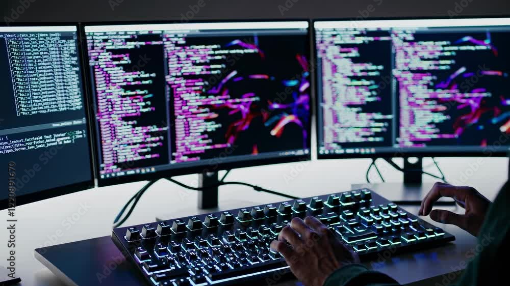 Poster Coding session with dual monitors and backlit keyboard at a tech workspace during nighttime