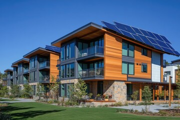 Modern eco-friendly apartment complex with solar panels, featuring wooden siding and spacious balconies.