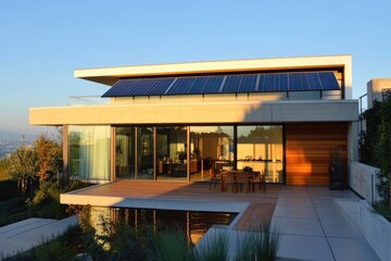 Obraz premium Modern hillside home with solar panels, large windows, and a deck overlooking a serene landscape.