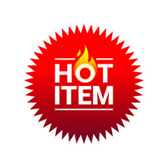 Red circle badge shape hot item Label Vector, simple text with fire flames. For icon, logo, label, insigna, seal, tag, sign, seal, symbol, badge, stamp, sticker, emblem, banner