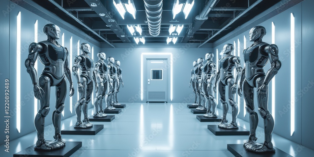Poster futuristic robotics lab featuring advanced humanoid figures