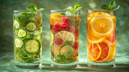Three glasses of sparkling infused water with cucumber, raspberry lime, and orange slices garnished with fresh mint leaves