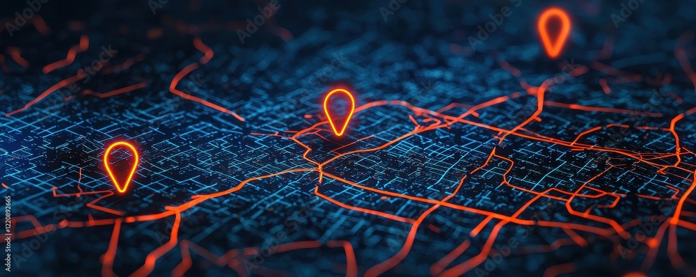 Poster a digital map with illuminated pathways and location markers, showcasing navigation and connectivity