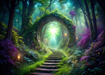 Mystical Forest Staircase: Secret Path Revealed Through Tunnel - Double Exposure Fantasy