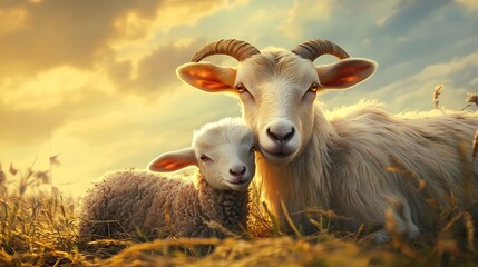 Sheep and lamb at sunset in field with dry grass