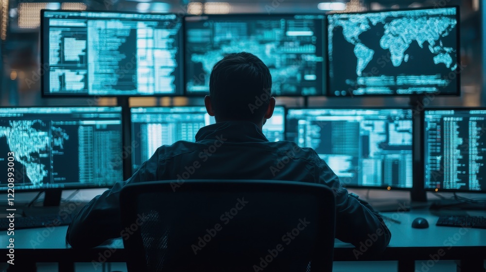 Poster a person monitors multiple screens filled with data and maps in a high-tech control room, emphasizin